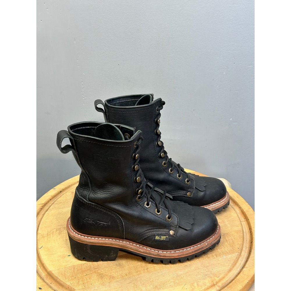 AD-Tec Work Boots Mens 7 Black Leather Kiltie Logger High Top Lug Sole Rugged‎